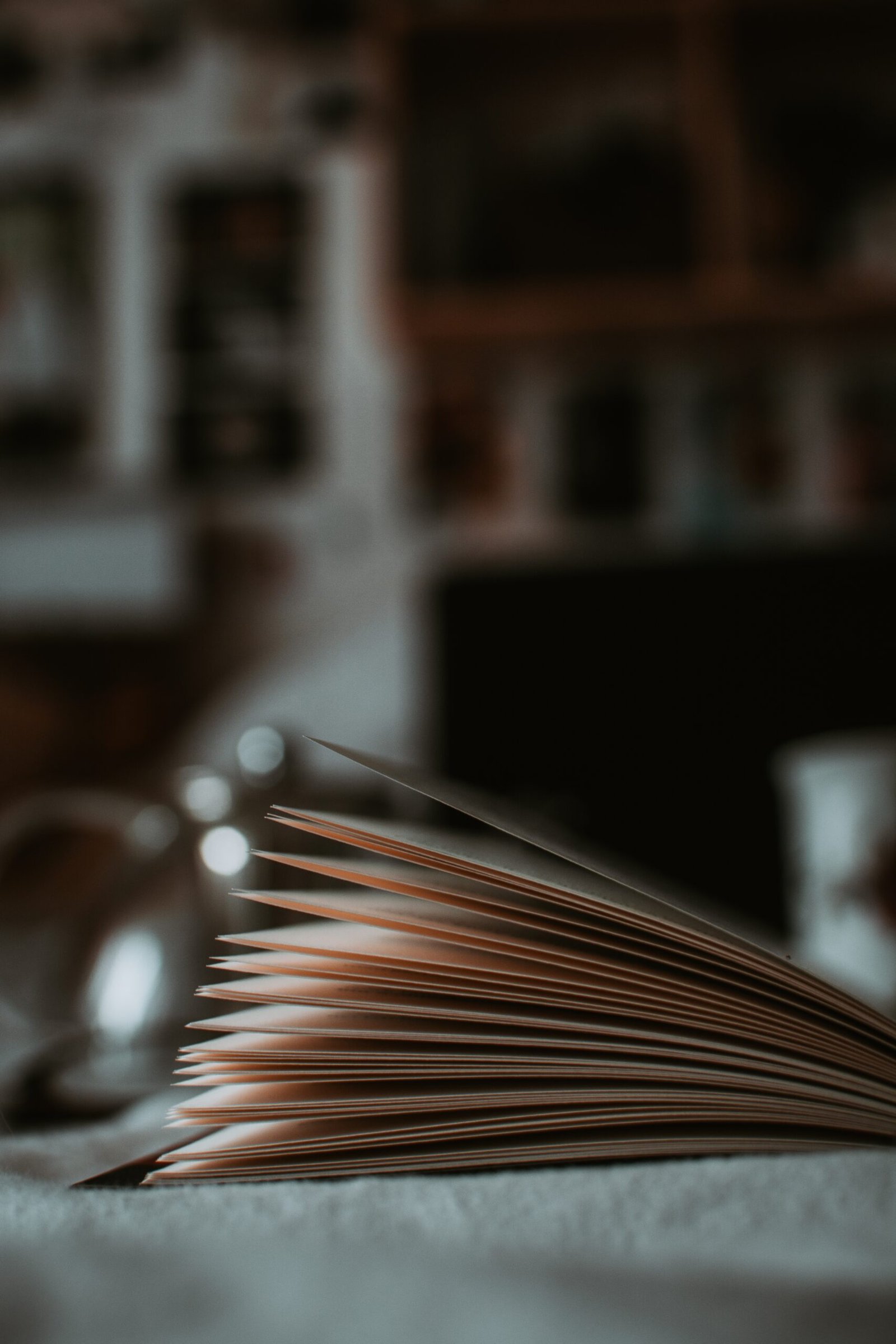 a vertical close up shot of open book pages with blurred background